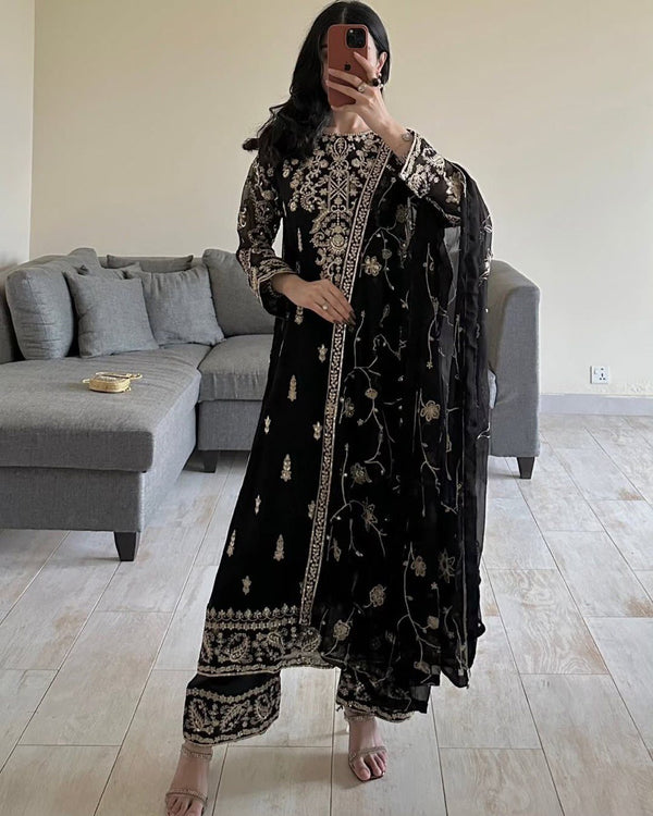 Wedding Wear Black Color Faux Georgette And Thread With Sequence Work Salwar Suit