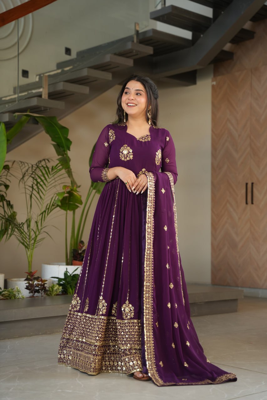 Neha's Wear Wine Color Embroidery Work Designer Gown