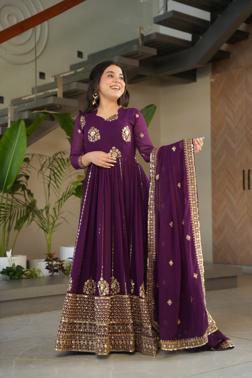 Neha's Wear Wine Color Embroidery Work Designer Gown