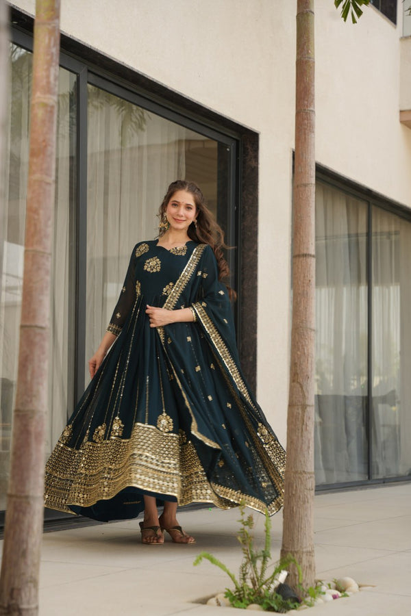 Neha's Wear Teal Color Embroidery Work Designer Gown