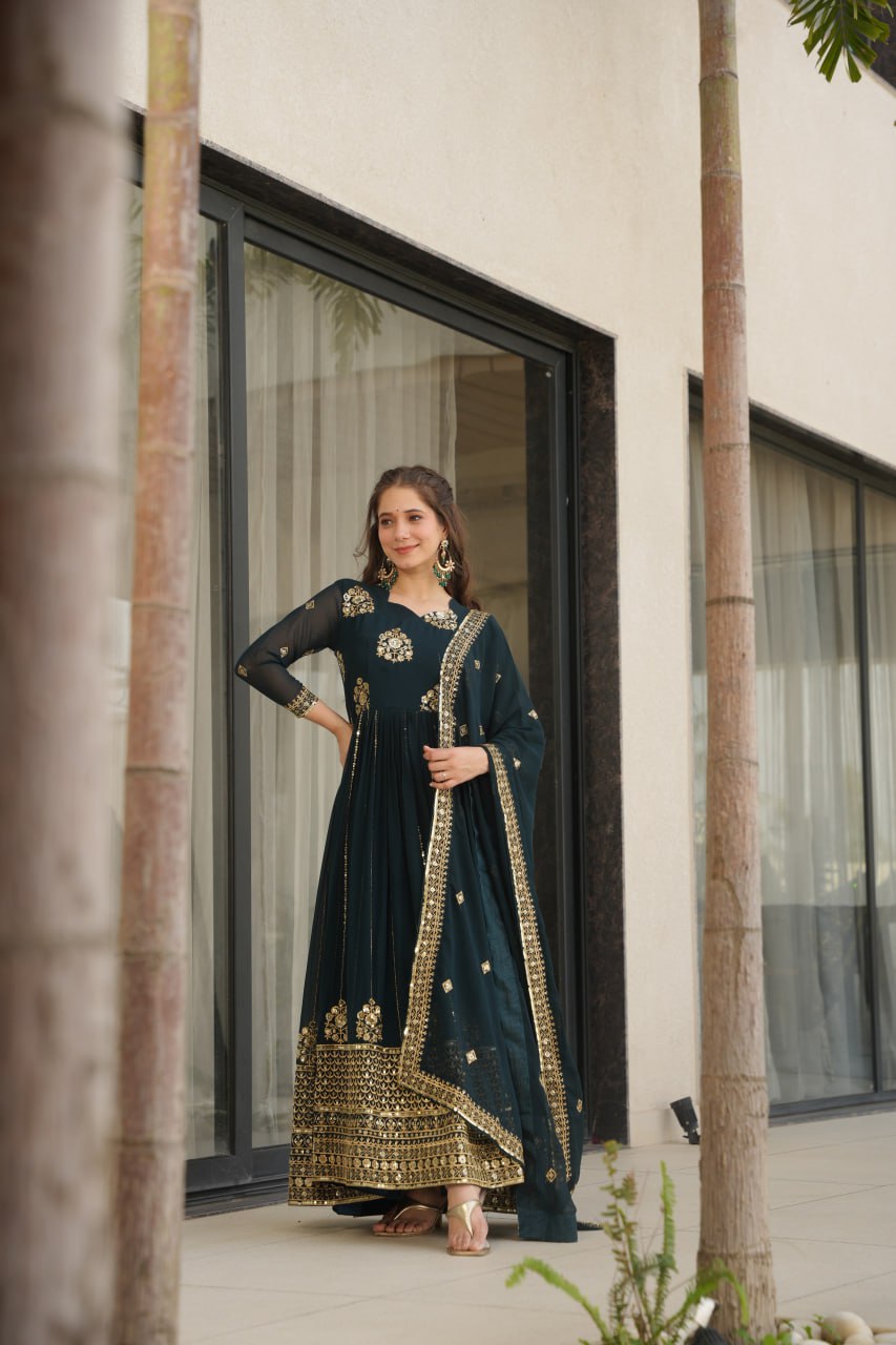 Neha's Wear Teal Color Embroidery Work Designer Gown