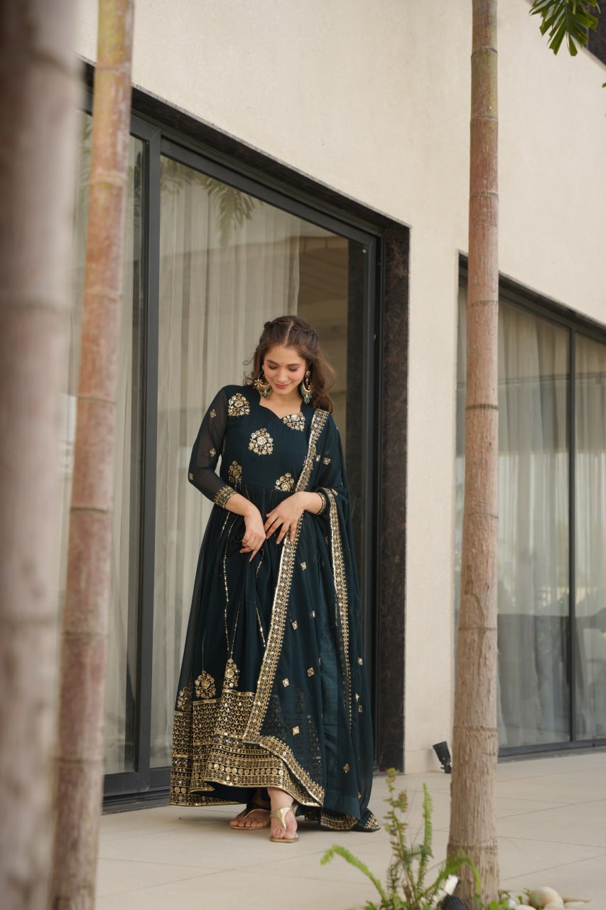 Neha's Wear Teal Color Embroidery Work Designer Gown