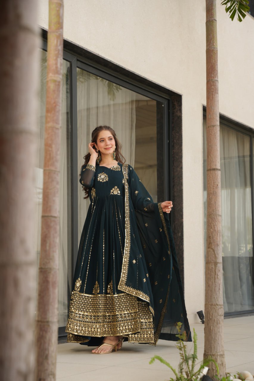 Neha's Wear Teal Color Embroidery Work Designer Gown