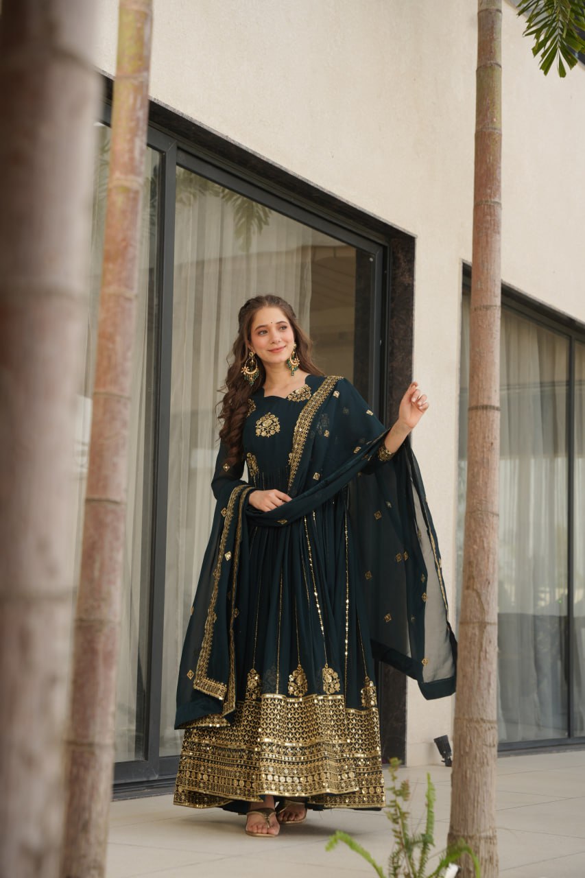 Neha's Wear Teal Color Embroidery Work Designer Gown