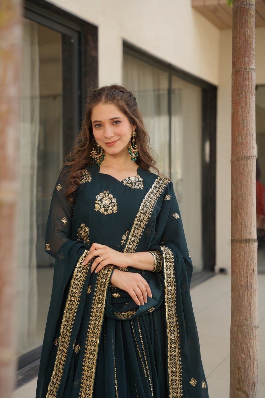 Neha's Wear Teal Color Embroidery Work Designer Gown