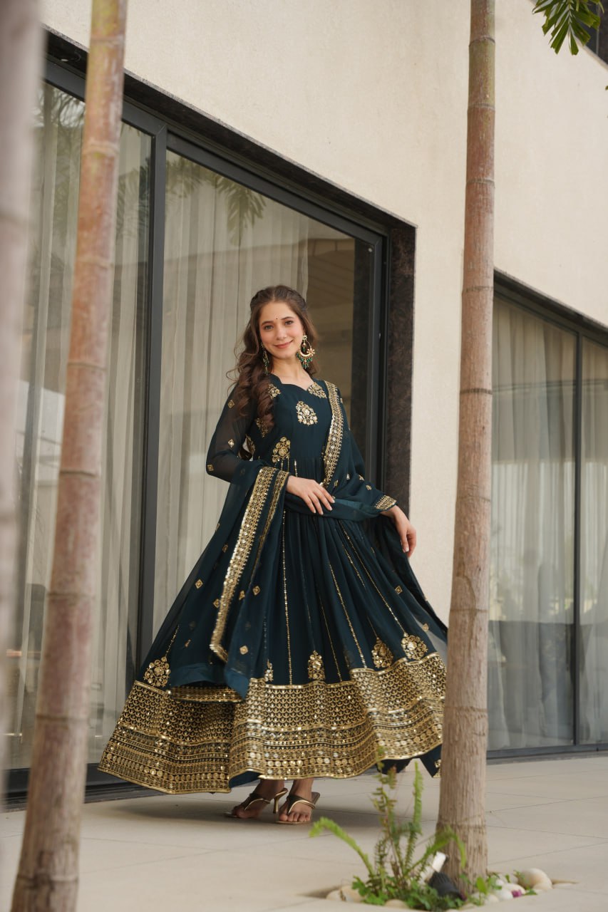 Neha's Wear Teal Color Embroidery Work Designer Gown