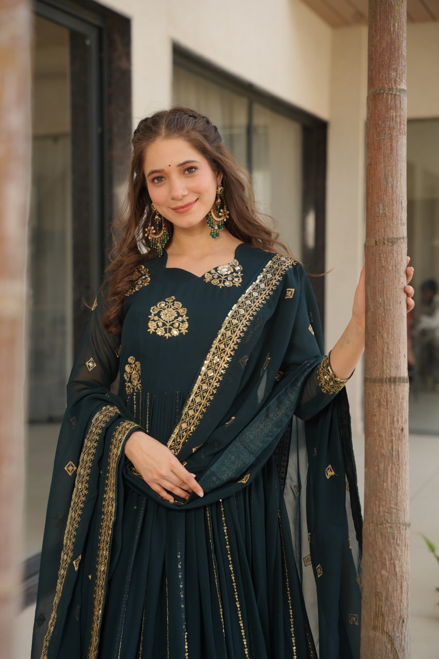 Neha's Wear Teal Color Embroidery Work Designer Gown