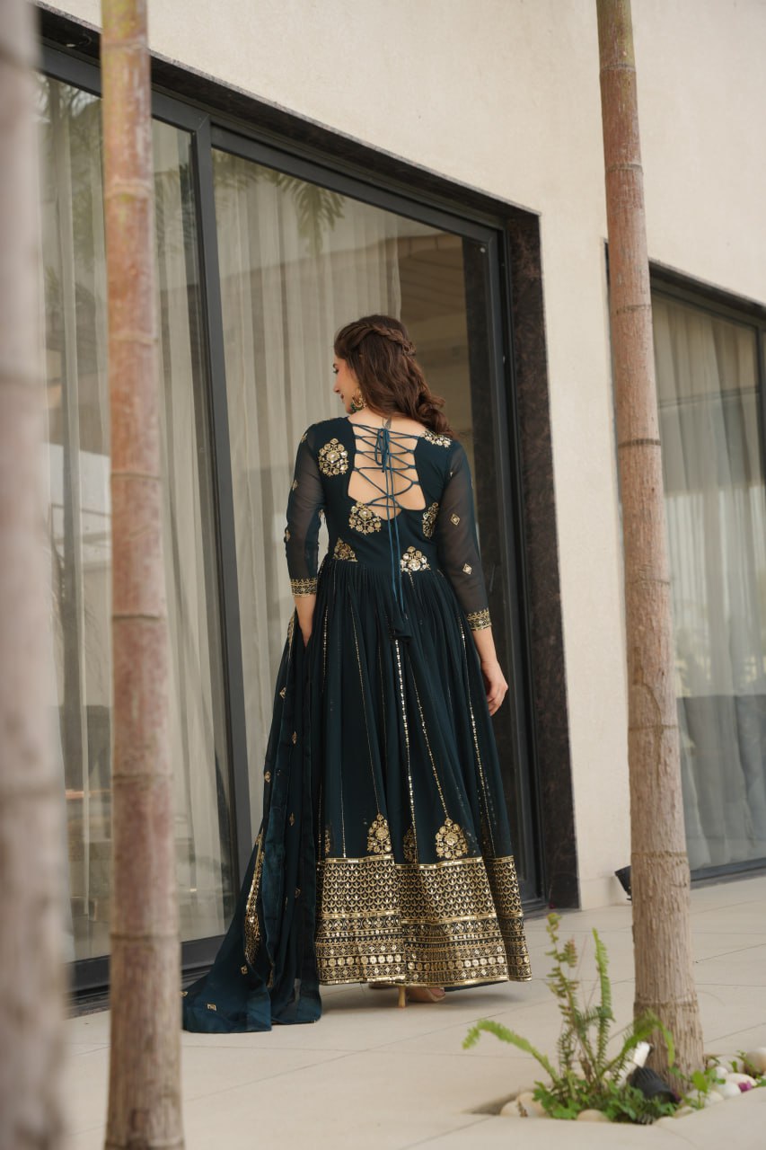 Neha's Wear Teal Color Embroidery Work Designer Gown