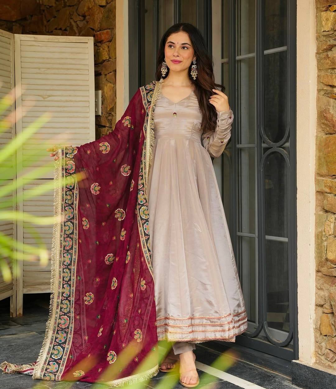 Alluring Grey Color Designer Gown Set With Dupatta