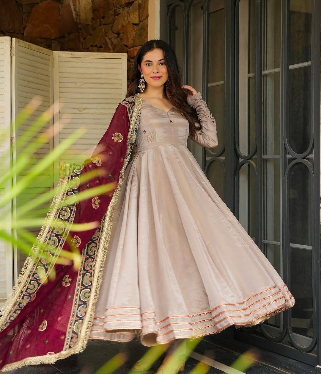 Alluring Grey Color Designer Gown Set With Dupatta