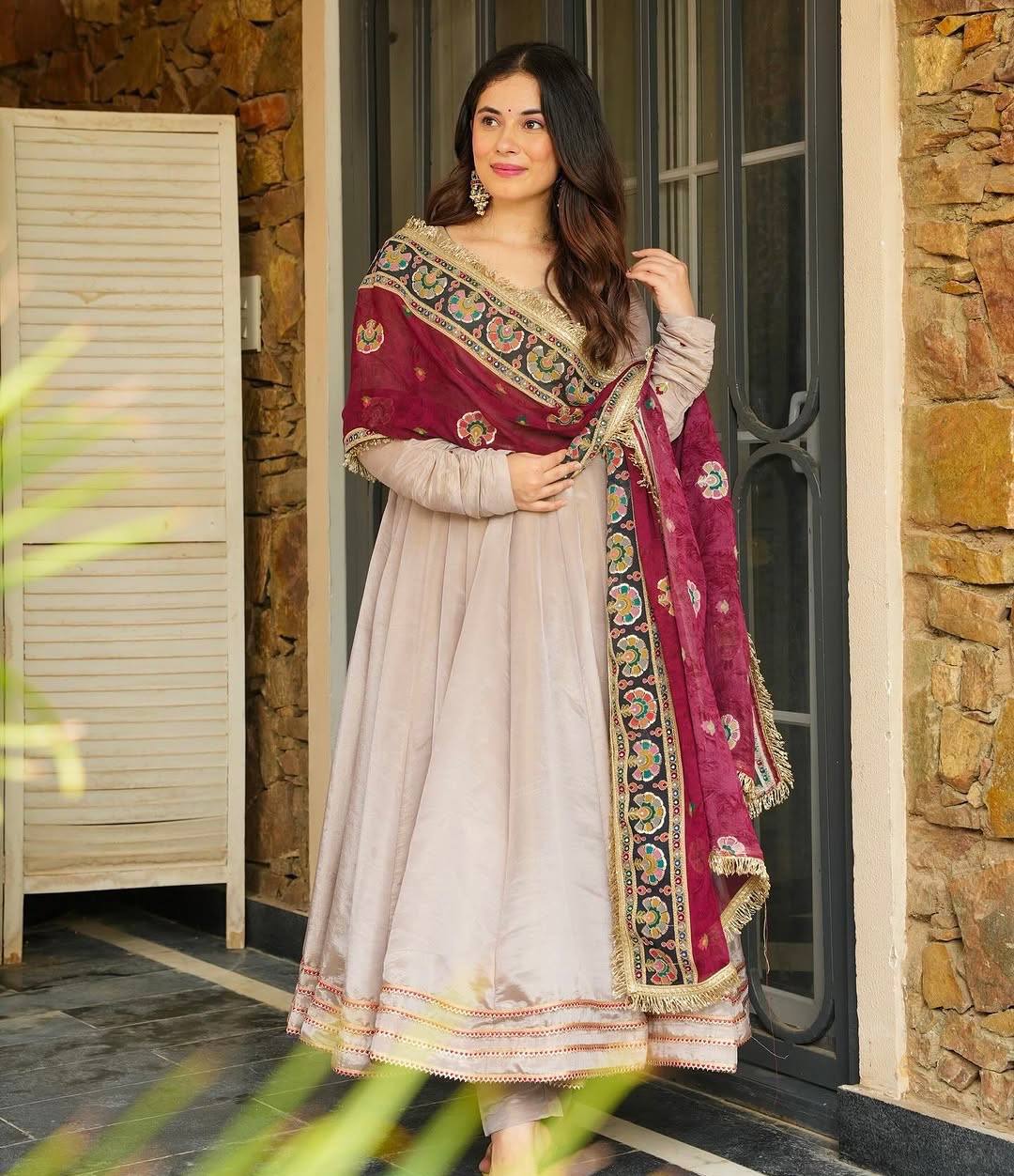 Alluring Grey Color Designer Gown Set With Dupatta