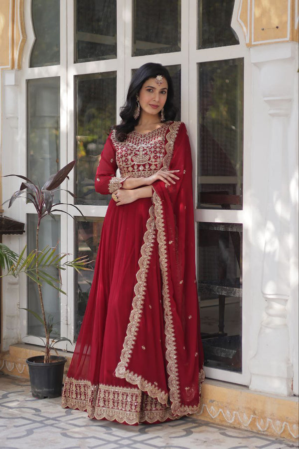 Wedding Wear Maroon Color Faux Blooming With Embroidery Zari Sequins Work Designer Gown
