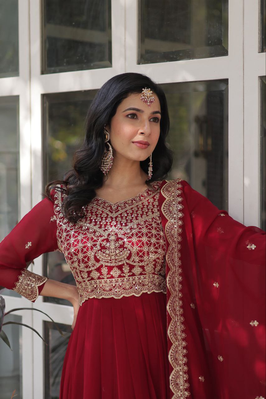 Wedding Wear Maroon Color Faux Blooming With Embroidery Zari Sequins Work Designer Gown