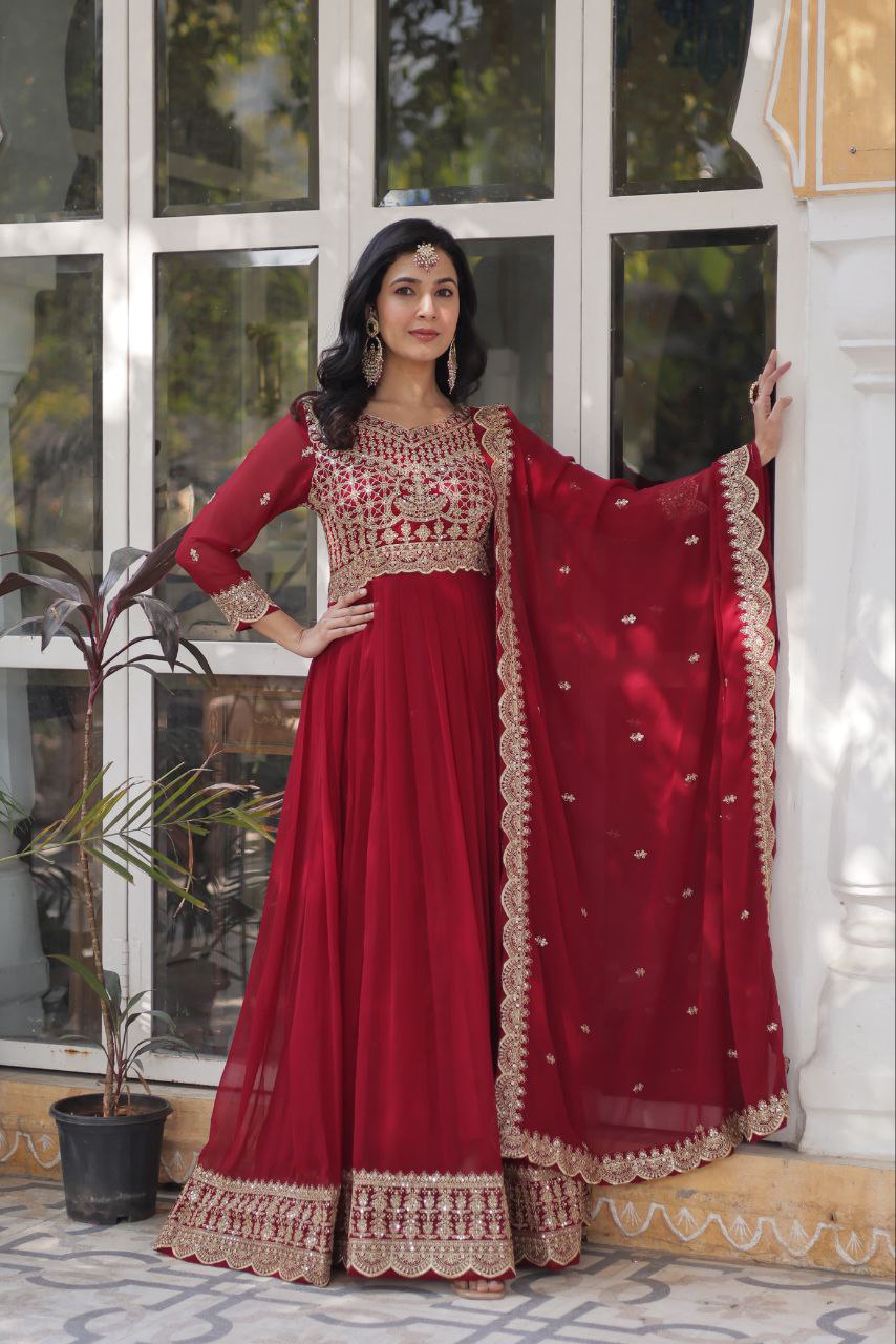Wedding Wear Maroon Color Faux Blooming With Embroidery Zari Sequins Work Designer Gown