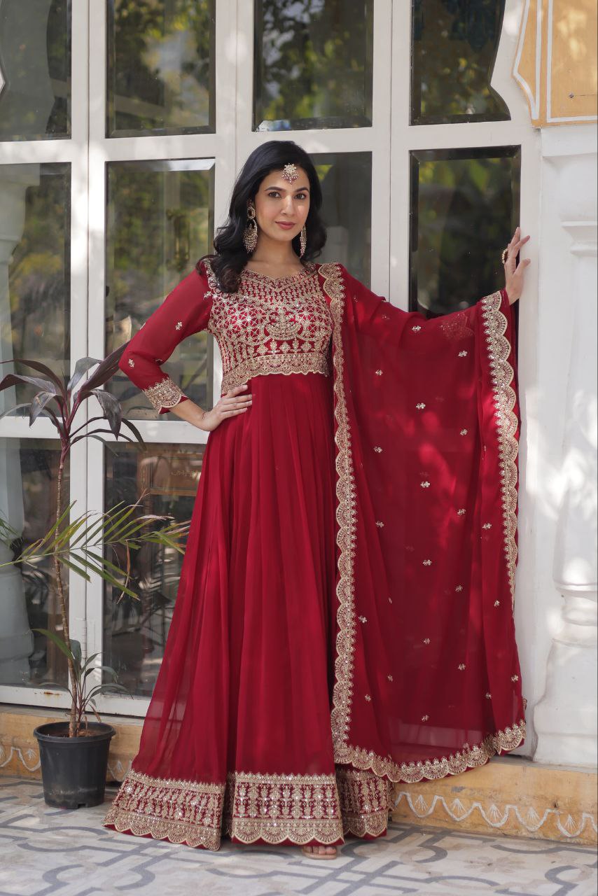 Wedding Wear Maroon Color Faux Blooming With Embroidery Zari Sequins Work Designer Gown
