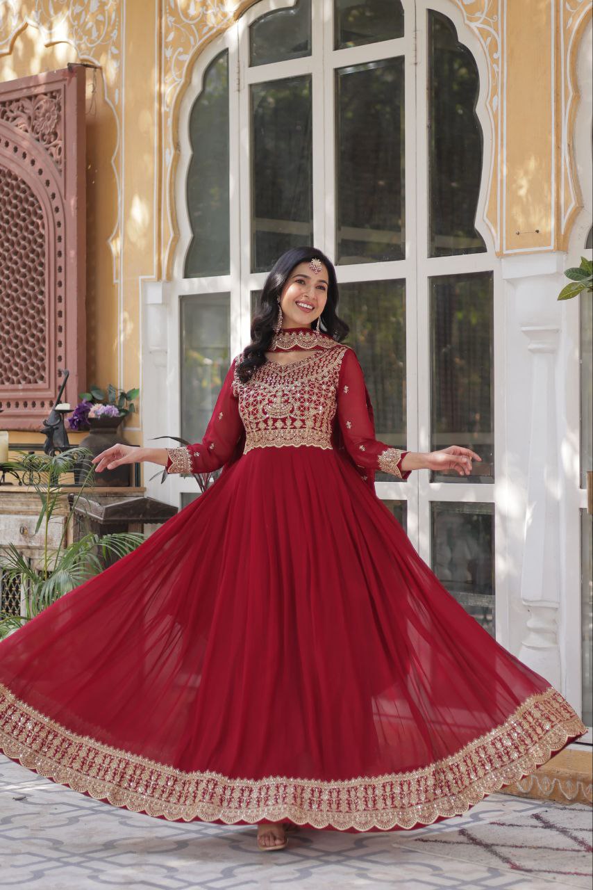 Wedding Wear Maroon Color Faux Blooming With Embroidery Zari Sequins Work Designer Gown