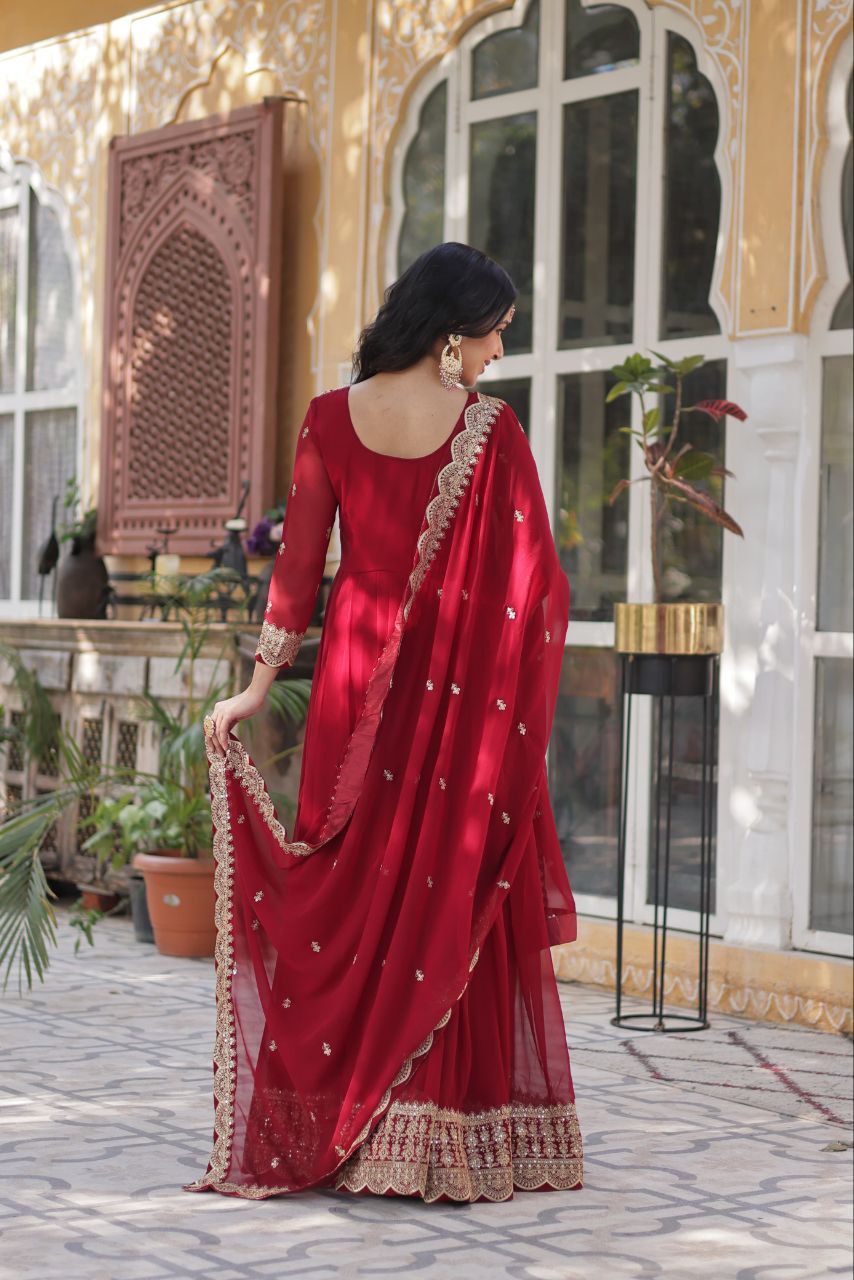 Wedding Wear Maroon Color Faux Blooming With Embroidery Zari Sequins Work Designer Gown