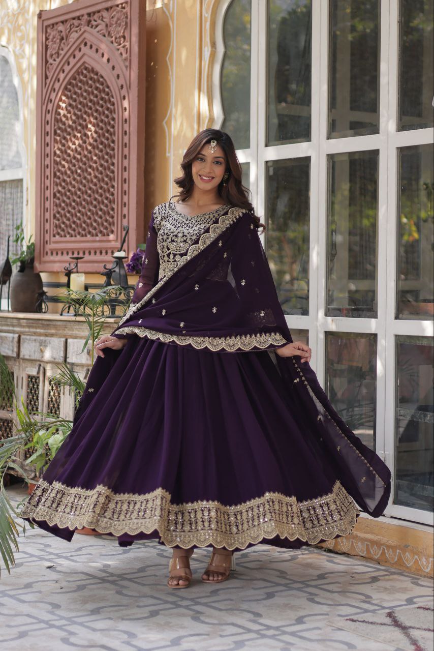 Wedding Wear Purple Color Faux Blooming With Embroidery Zari Sequins Work Designer Gown