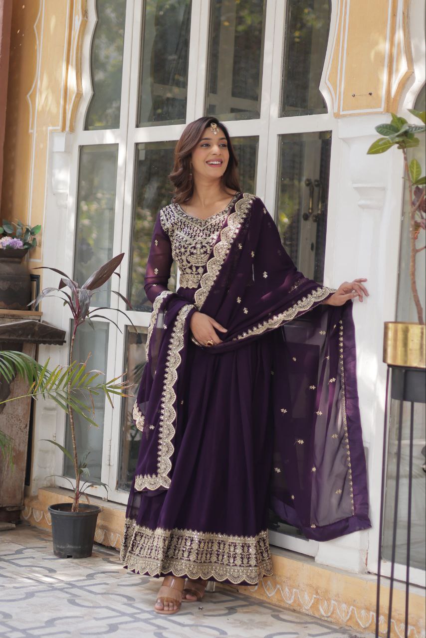 Wedding Wear Purple Color Faux Blooming With Embroidery Zari Sequins Work Designer Gown