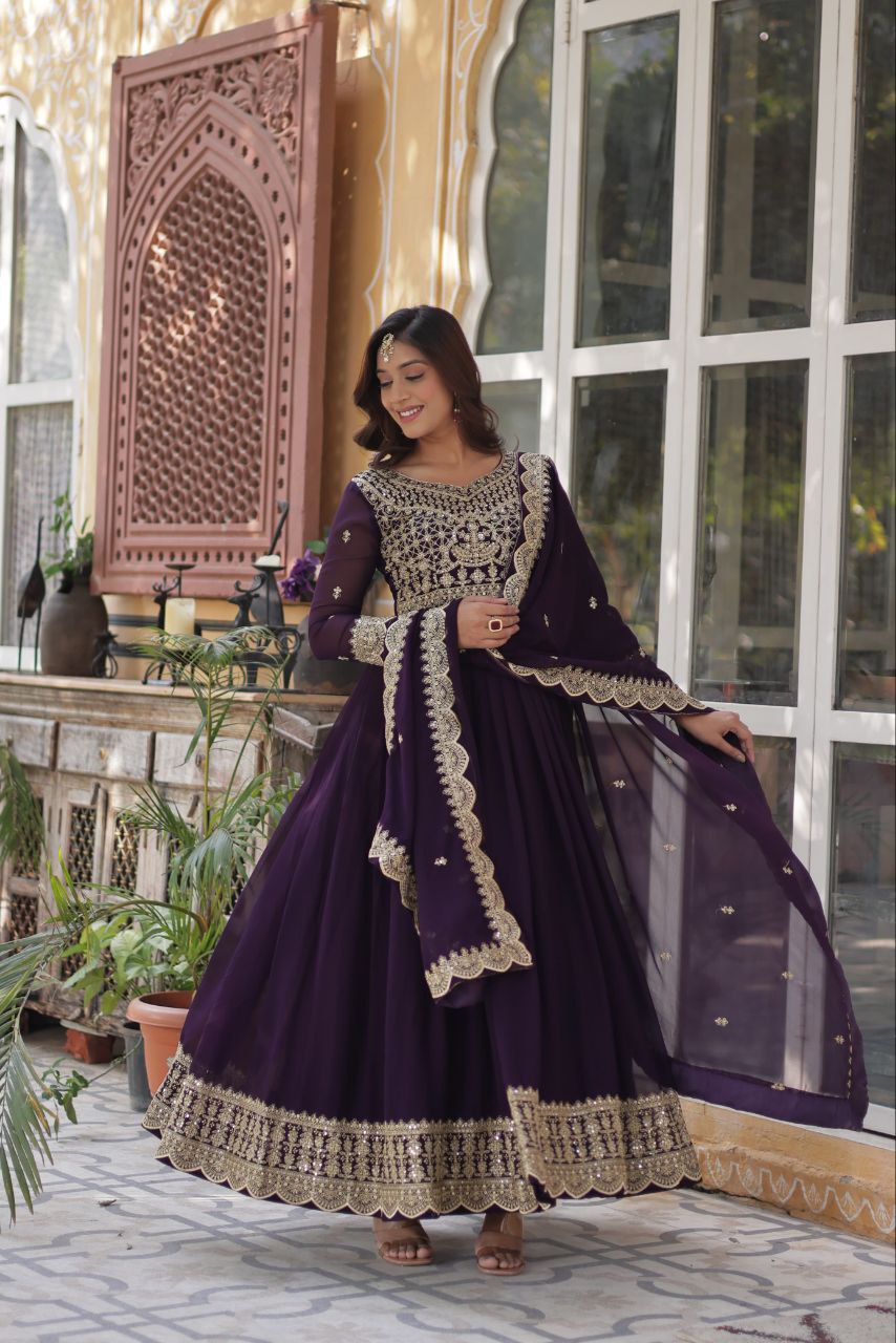 Wedding Wear Purple Color Faux Blooming With Embroidery Zari Sequins Work Designer Gown