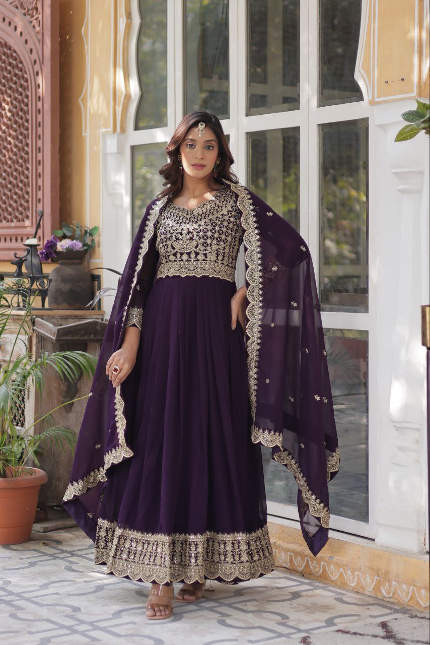 Wedding Wear Purple Color Faux Blooming With Embroidery Zari Sequins Work Designer Gown