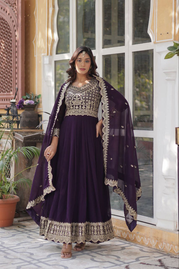 Wedding Wear Purple Color Faux Blooming With Embroidery Zari Sequins Work Designer Gown