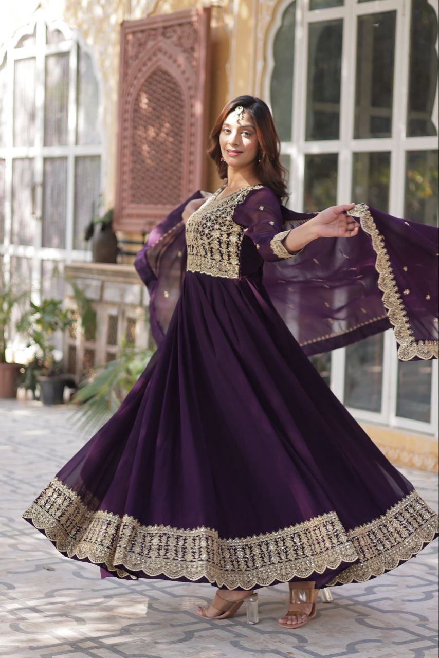 Wedding Wear Purple Color Faux Blooming With Embroidery Zari Sequins Work Designer Gown
