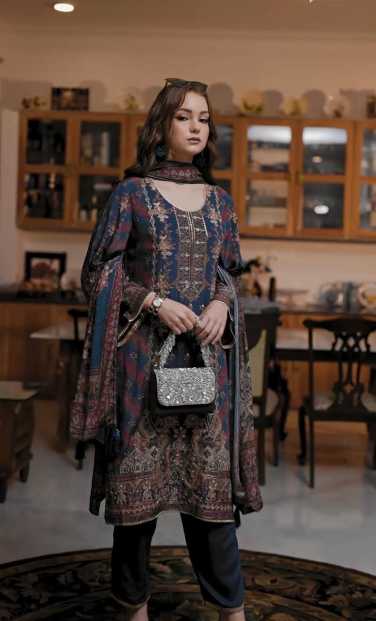 Alluring Navy Blue Color Digital Printed Designer Pakistani Suit