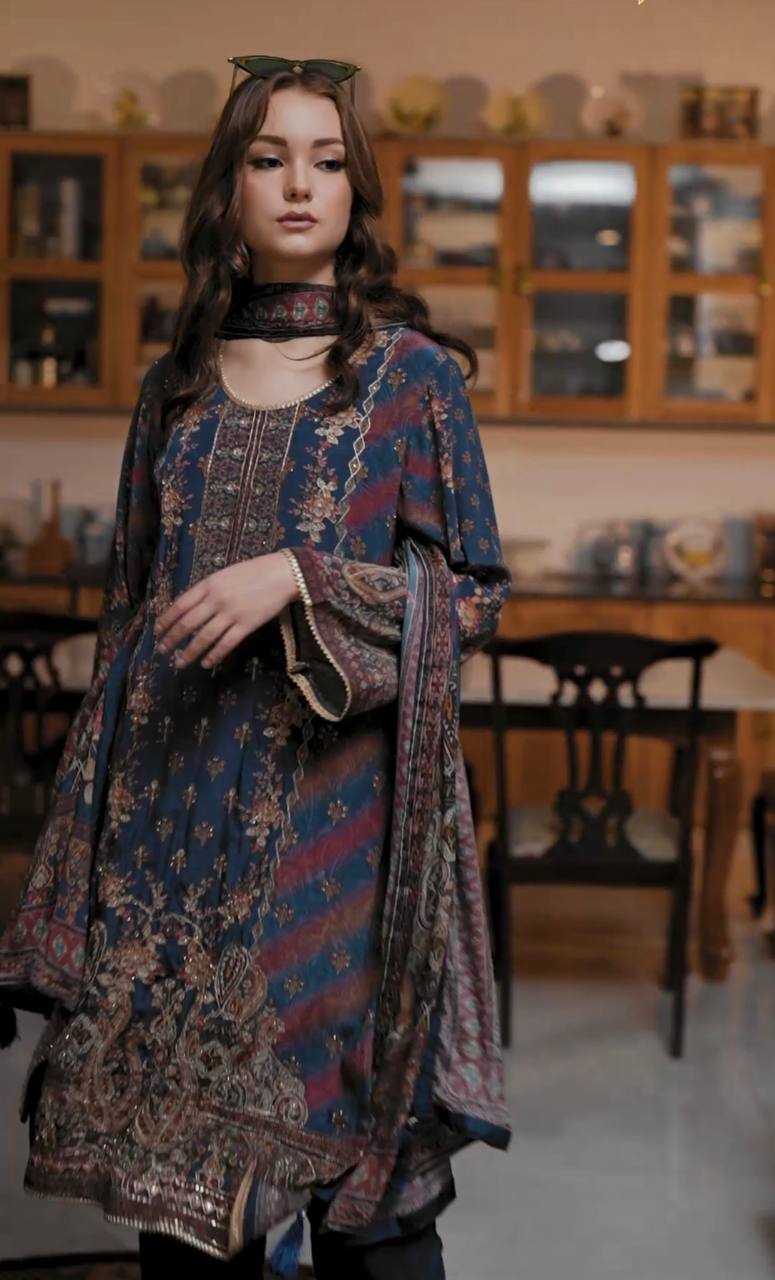 Alluring Navy Blue Color Digital Printed Designer Pakistani Suit