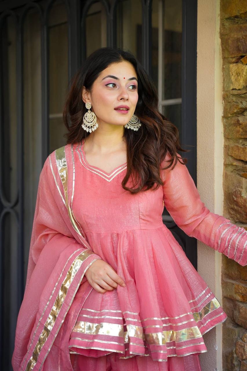 Wedding Wear Baby Pink Color Organza  Ready To Wear Sharara Set