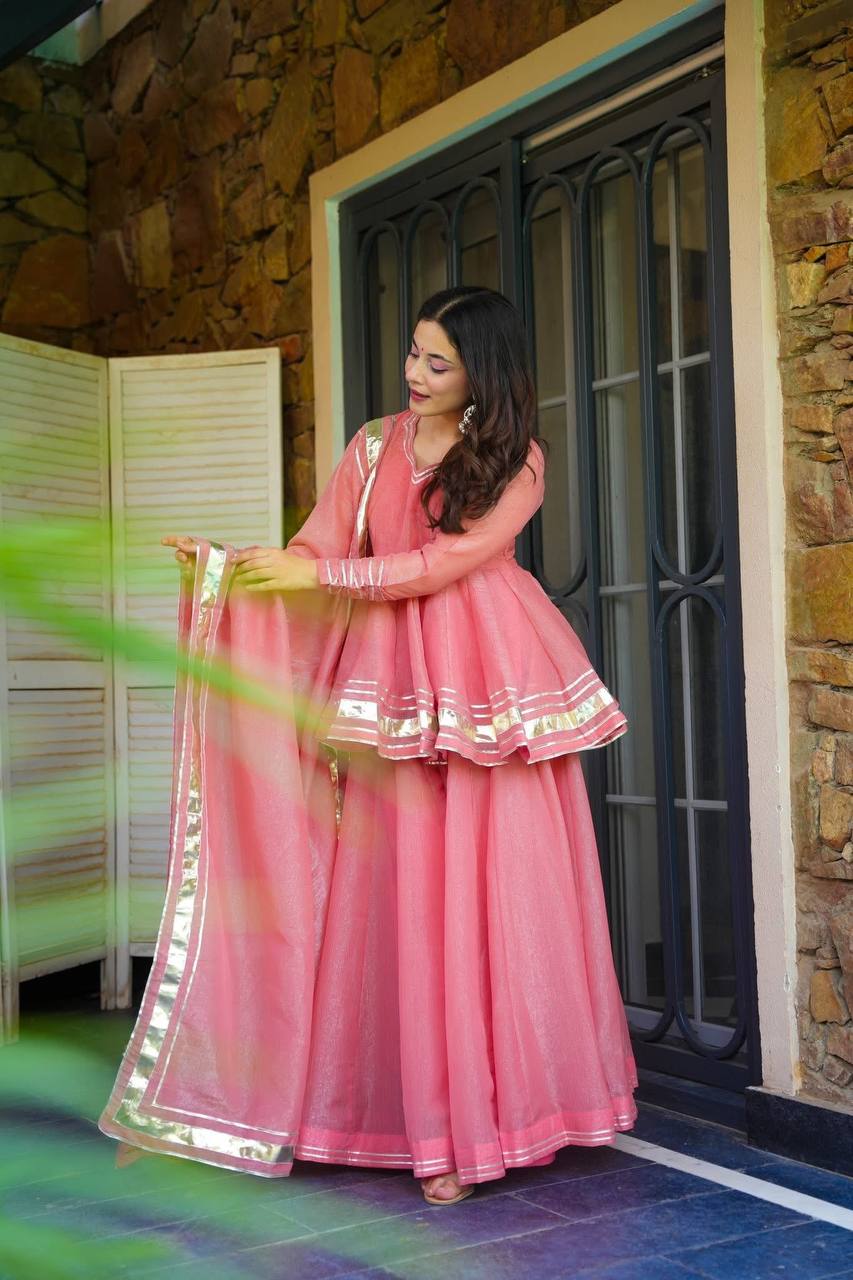 Wedding Wear Baby Pink Color Organza  Ready To Wear Sharara Set