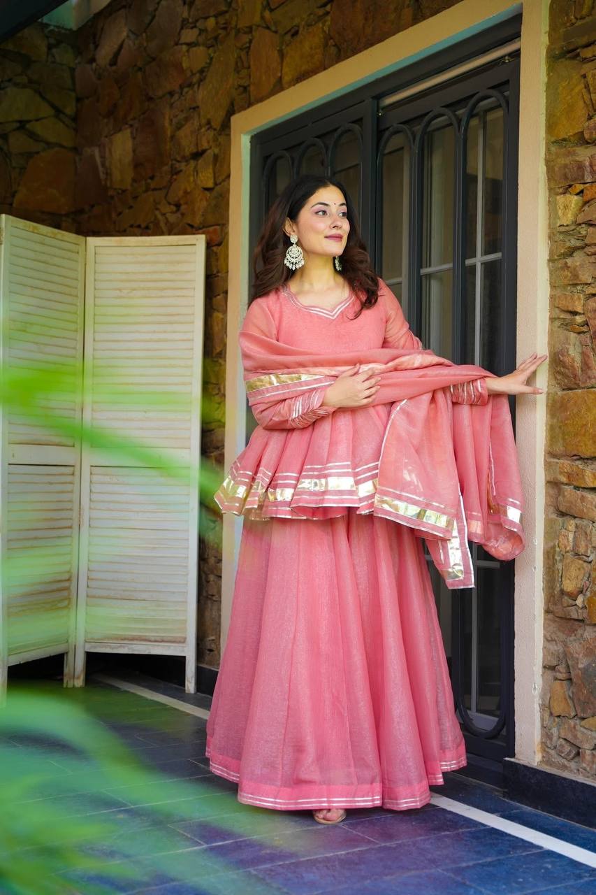 Wedding Wear Baby Pink Color Organza  Ready To Wear Sharara Set