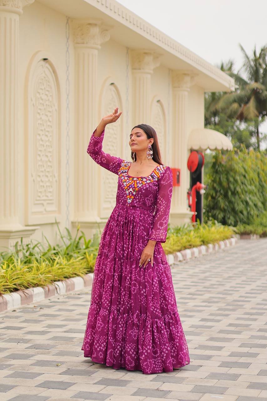 Navratri Traditional Wear Pink Color Gamathi Work Gown