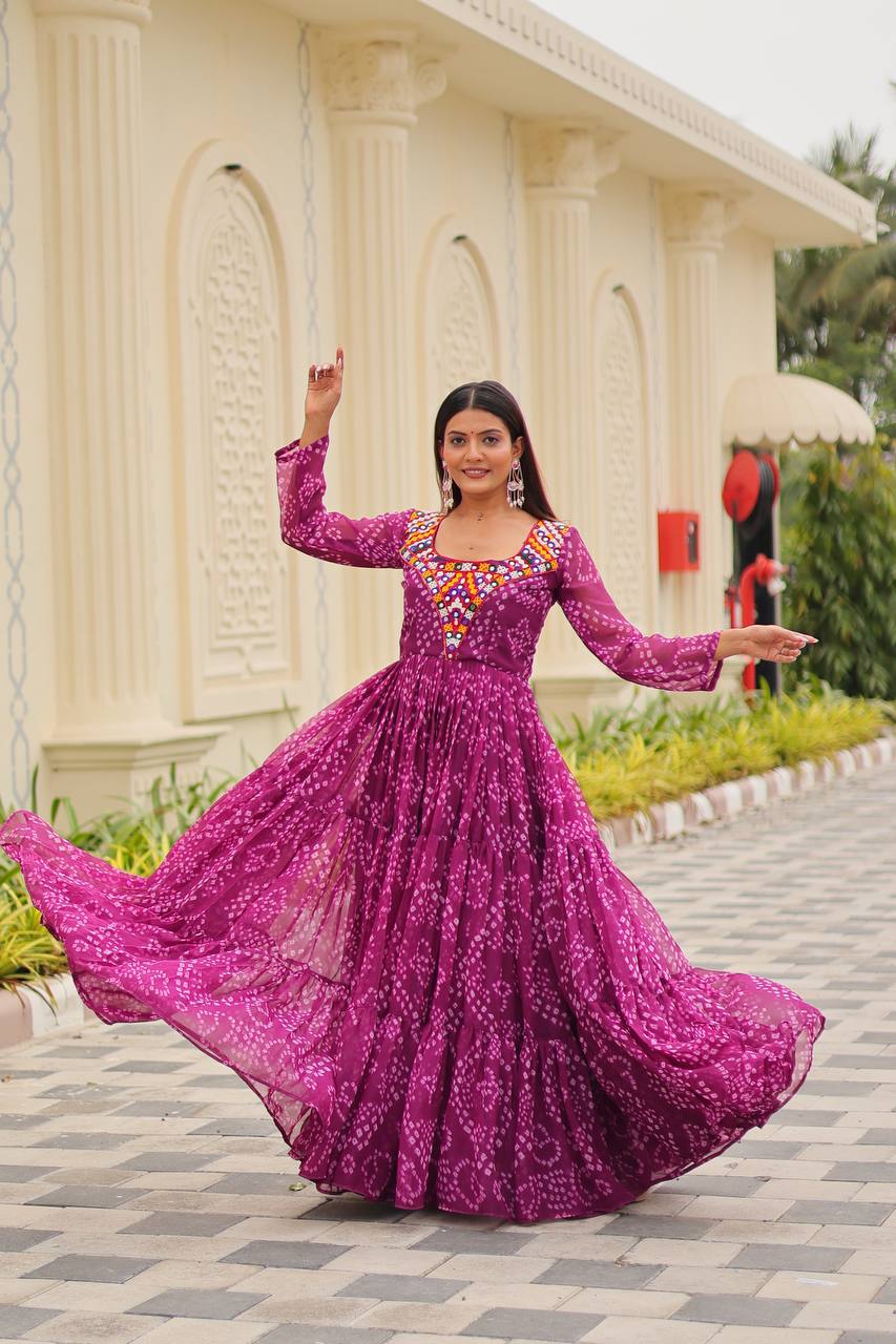 Navratri Traditional Wear Pink Color Gamathi Work Gown