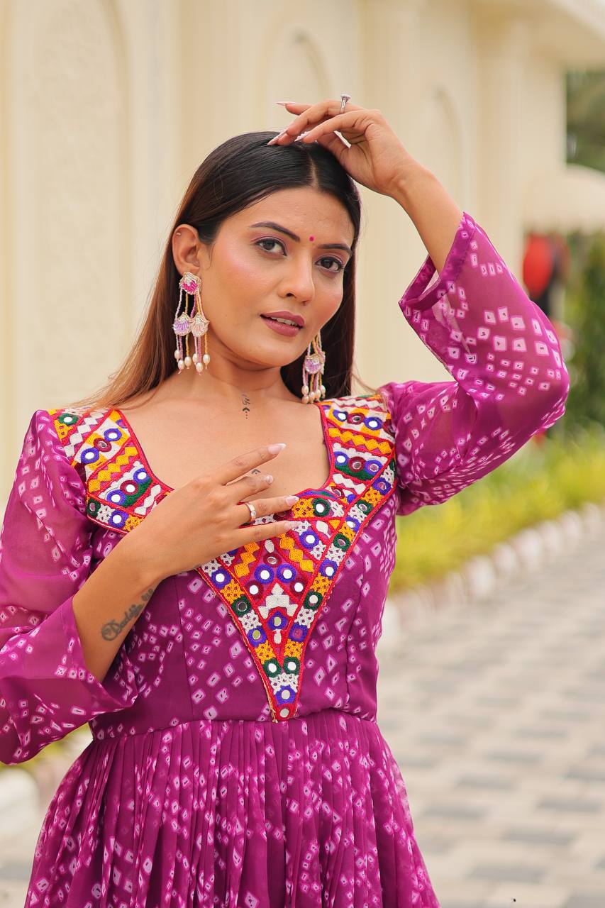 Navratri Traditional Wear Pink Color Gamathi Work Gown