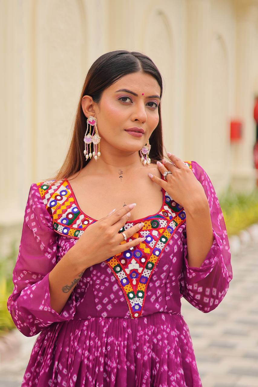 Navratri Traditional Wear Pink Color Gamathi Work Gown