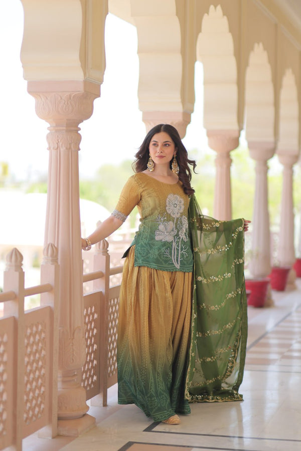 Festival Wear Yellow And Green Color Printed Embroidered Work Kurti Set