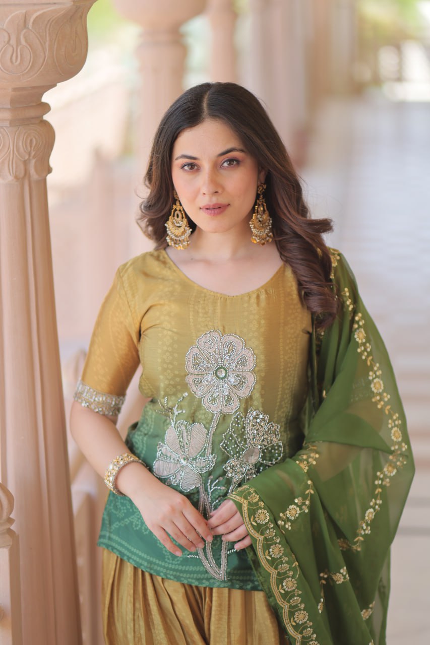 Festival Wear Yellow And Green Color Printed Embroidered Work Kurti Set