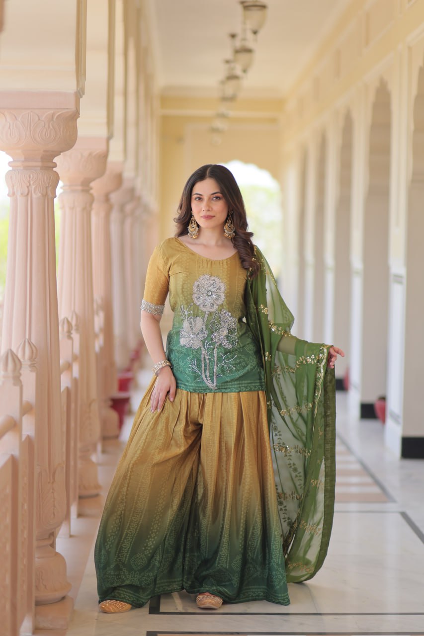 Festival Wear Yellow And Green Color Printed Embroidered Work Kurti Set