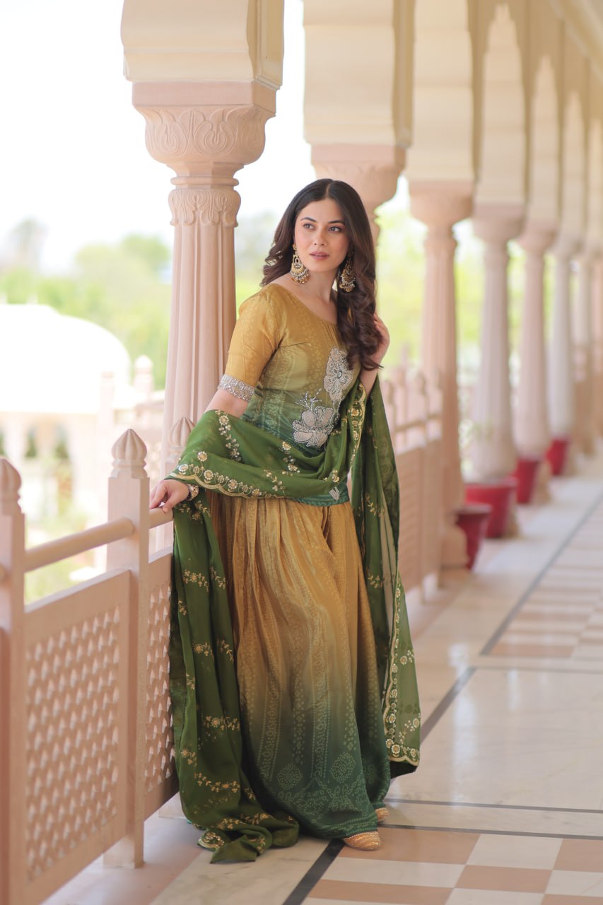 Festival Wear Yellow And Green Color Printed Embroidered Work Kurti Set