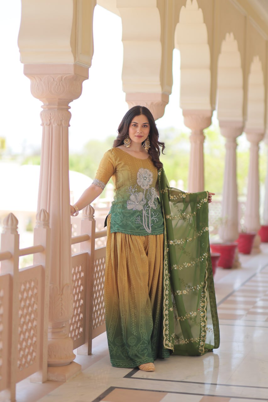 Festival Wear Yellow And Green Color Printed Embroidered Work Kurti Set