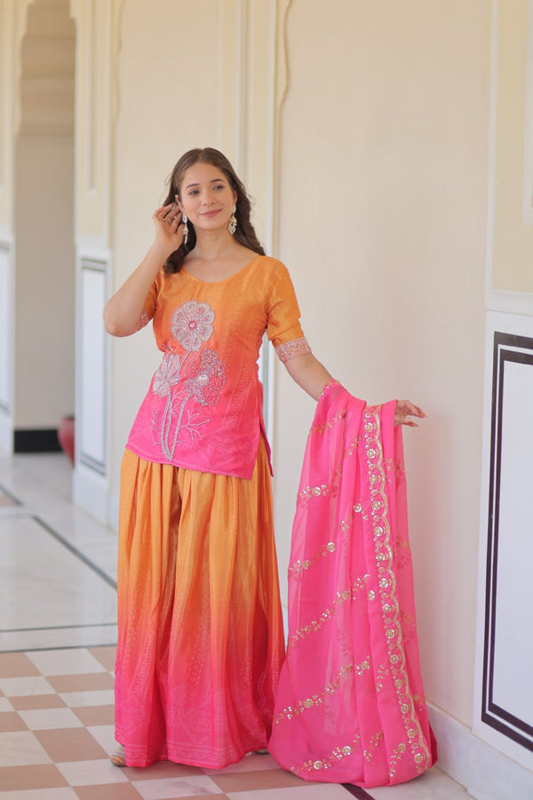 Function Wear Yellow And Pink Color Printed Embroidered Work Kurti Set