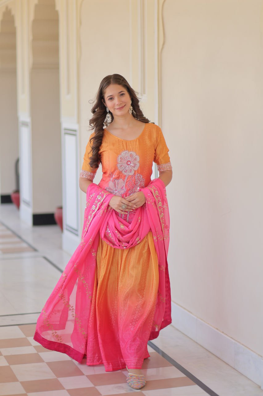 Function Wear Yellow And Pink Color Printed Embroidered Work Kurti Set