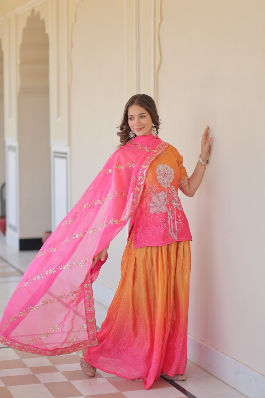 Function Wear Yellow And Pink Color Printed Embroidered Work Kurti Set