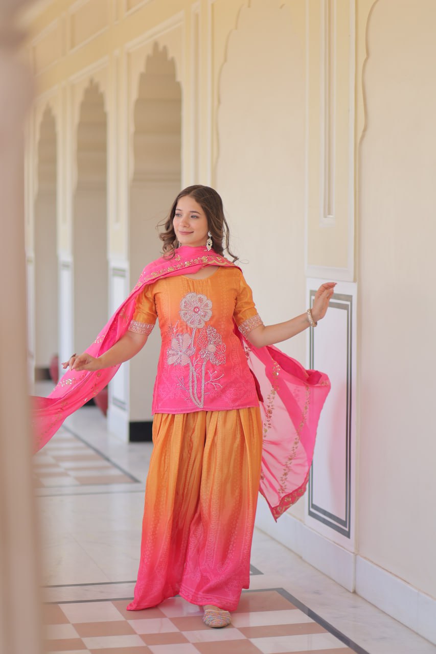 Function Wear Yellow And Pink Color Printed Embroidered Work Kurti Set