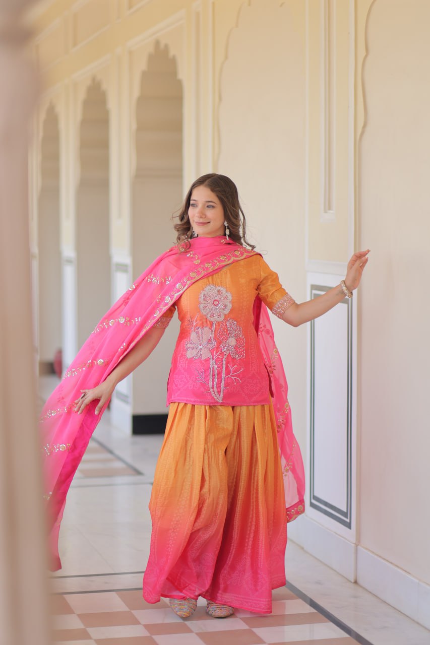 Function Wear Yellow And Pink Color Printed Embroidered Work Kurti Set
