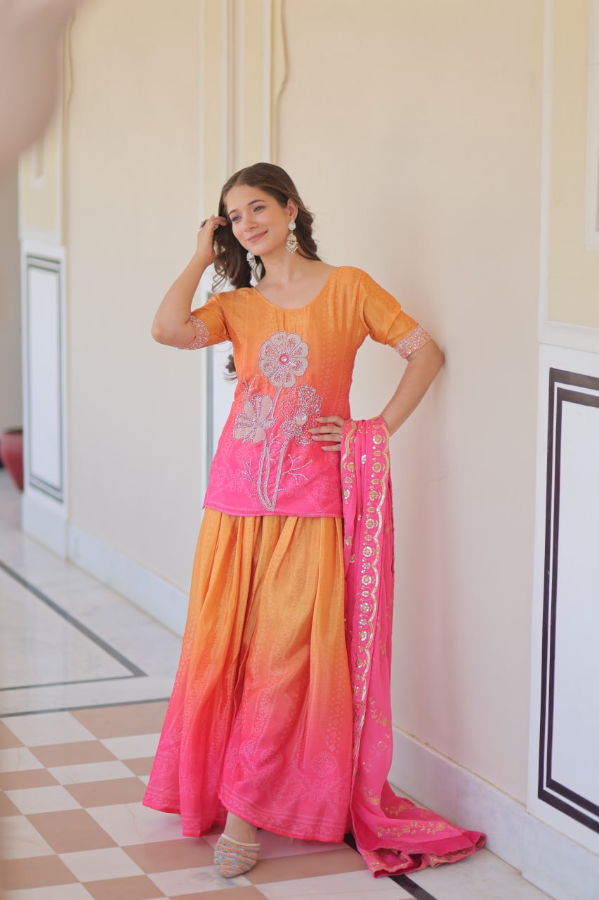 Function Wear Yellow And Pink Color Printed Embroidered Work Kurti Set