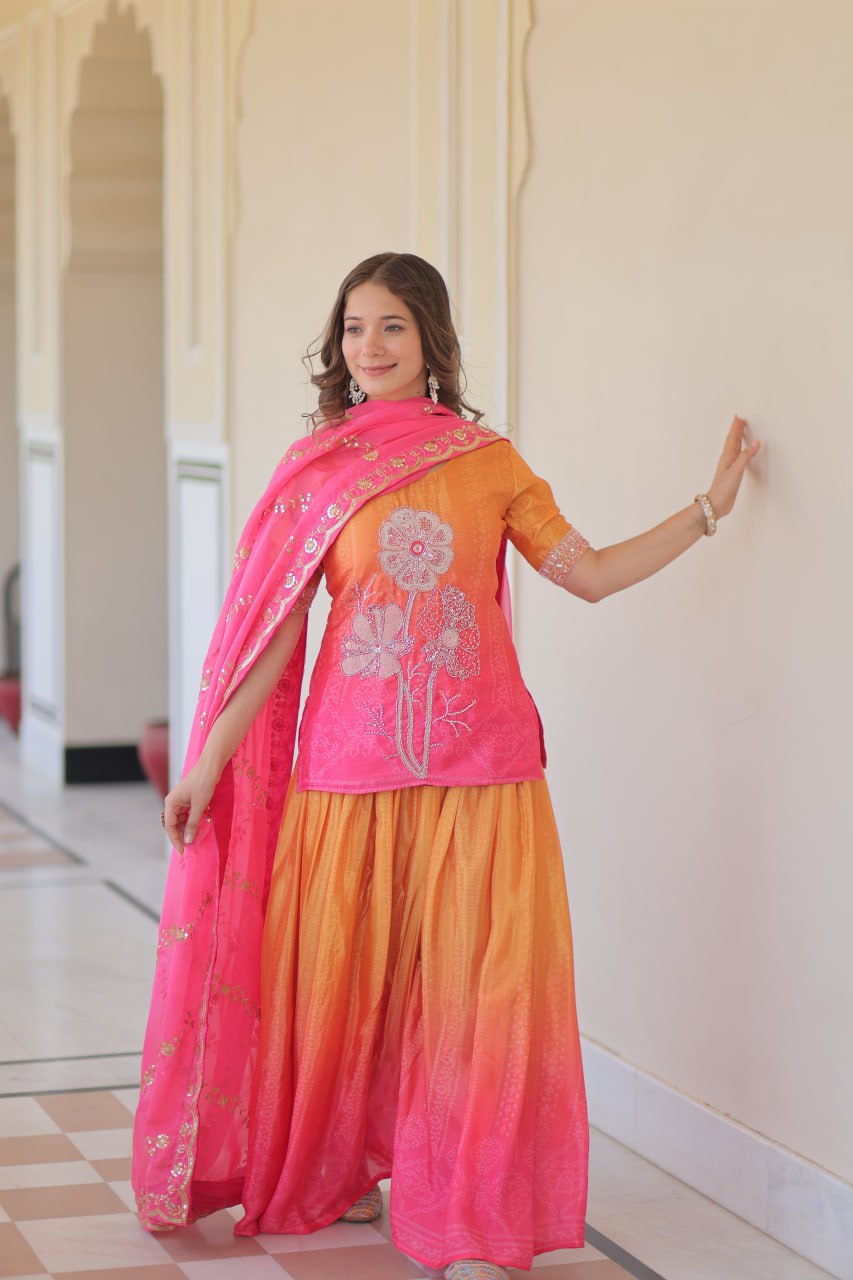Function Wear Yellow And Pink Color Printed Embroidered Work Kurti Set