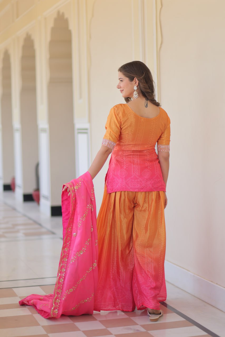 Function Wear Yellow And Pink Color Printed Embroidered Work Kurti Set
