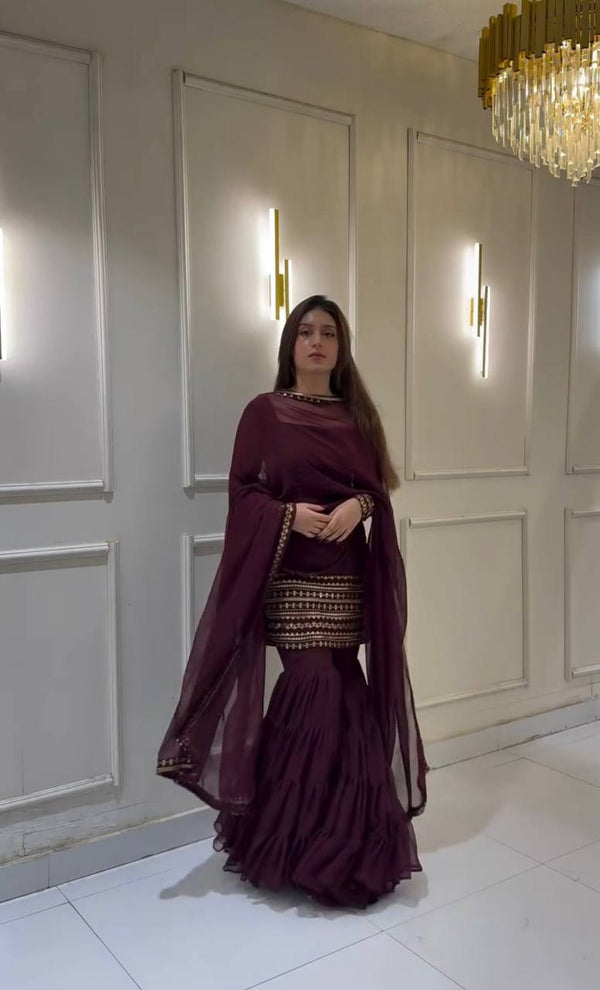 Superhit Wine Color Heavy Georgette Embroidery Sequence Work Sharara Suit